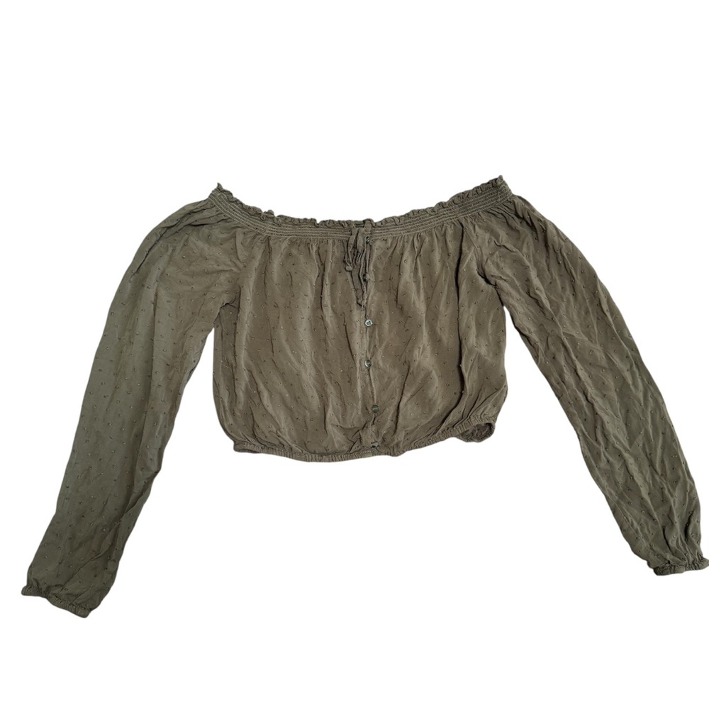 Aeropostale Olive Green Off-Shoulder Button Front Blouse | Size S